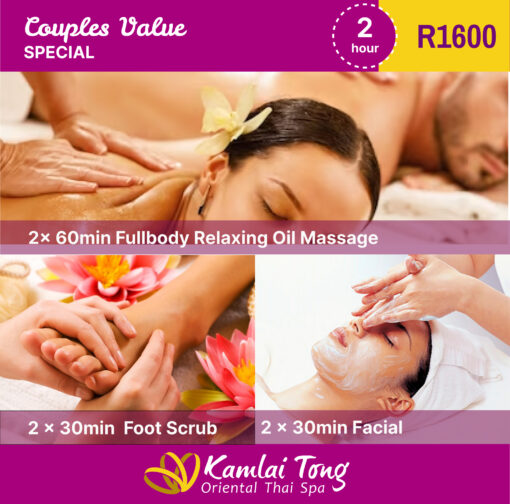 2 x 30 Min Footscrub 2 x 60 Min Fullbody Relaxing Oil Massage 2 x 30 Min Facial R 1600